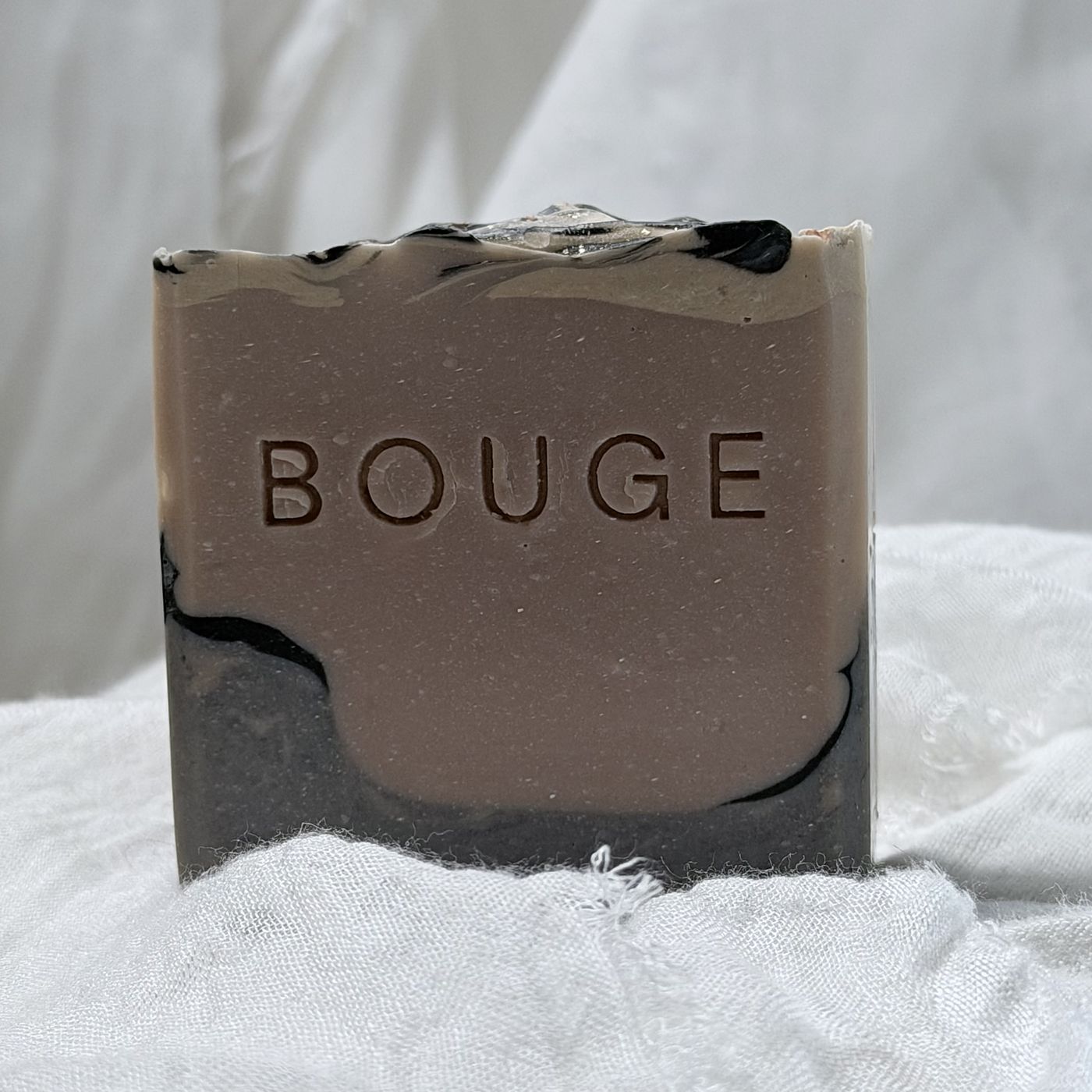 BOUGE Atelier No.02 soap, taupe bar layered over charcoal