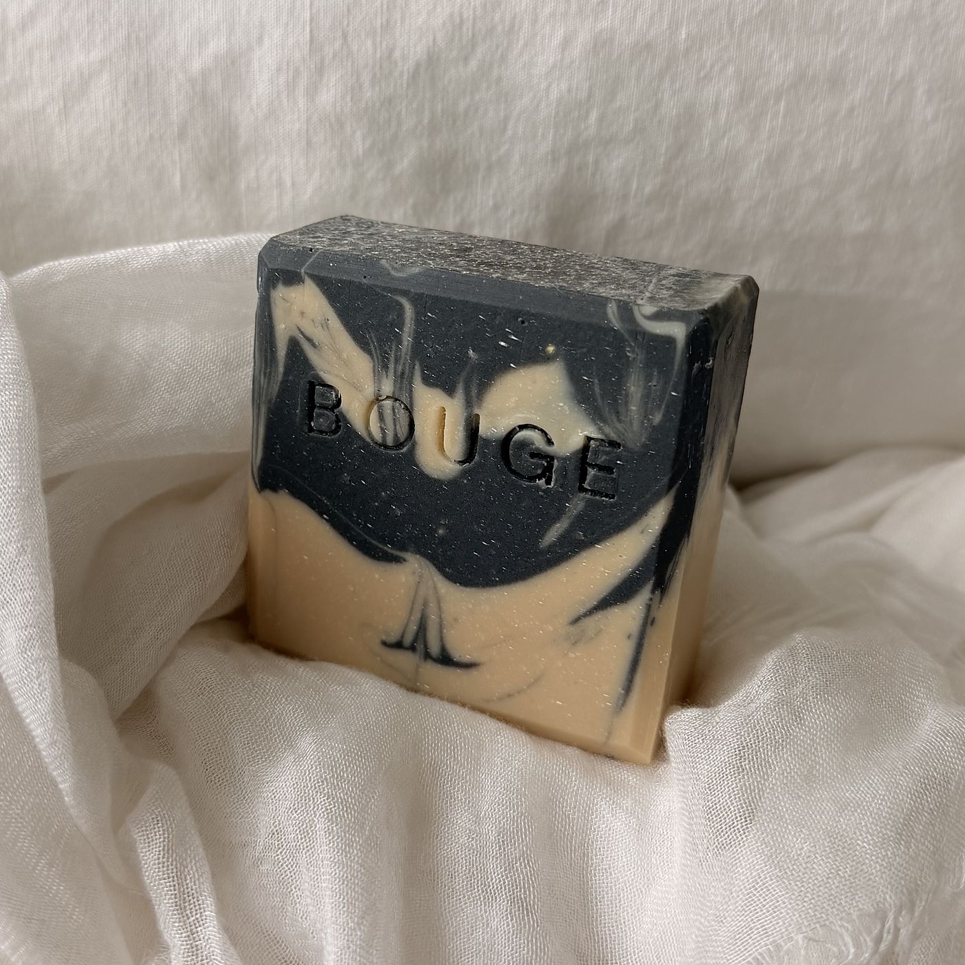 BOUGE Atelier No.03 soap, charcoal and peach swirled bar