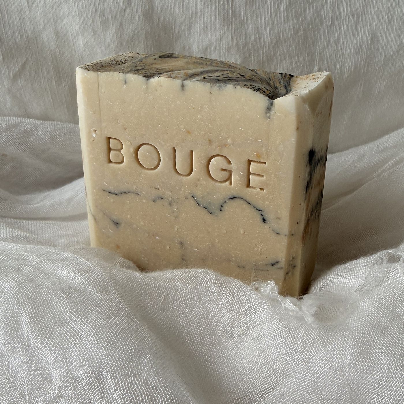 BOUGE Atelier No.06 soap, cream bar with charcoal veining